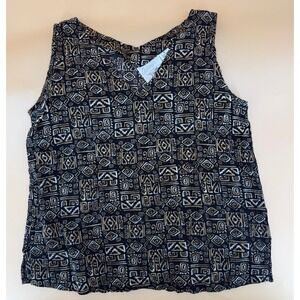 Options Worthington Women Small Geometric Print Sleeveless V-Neck Black Tank Top